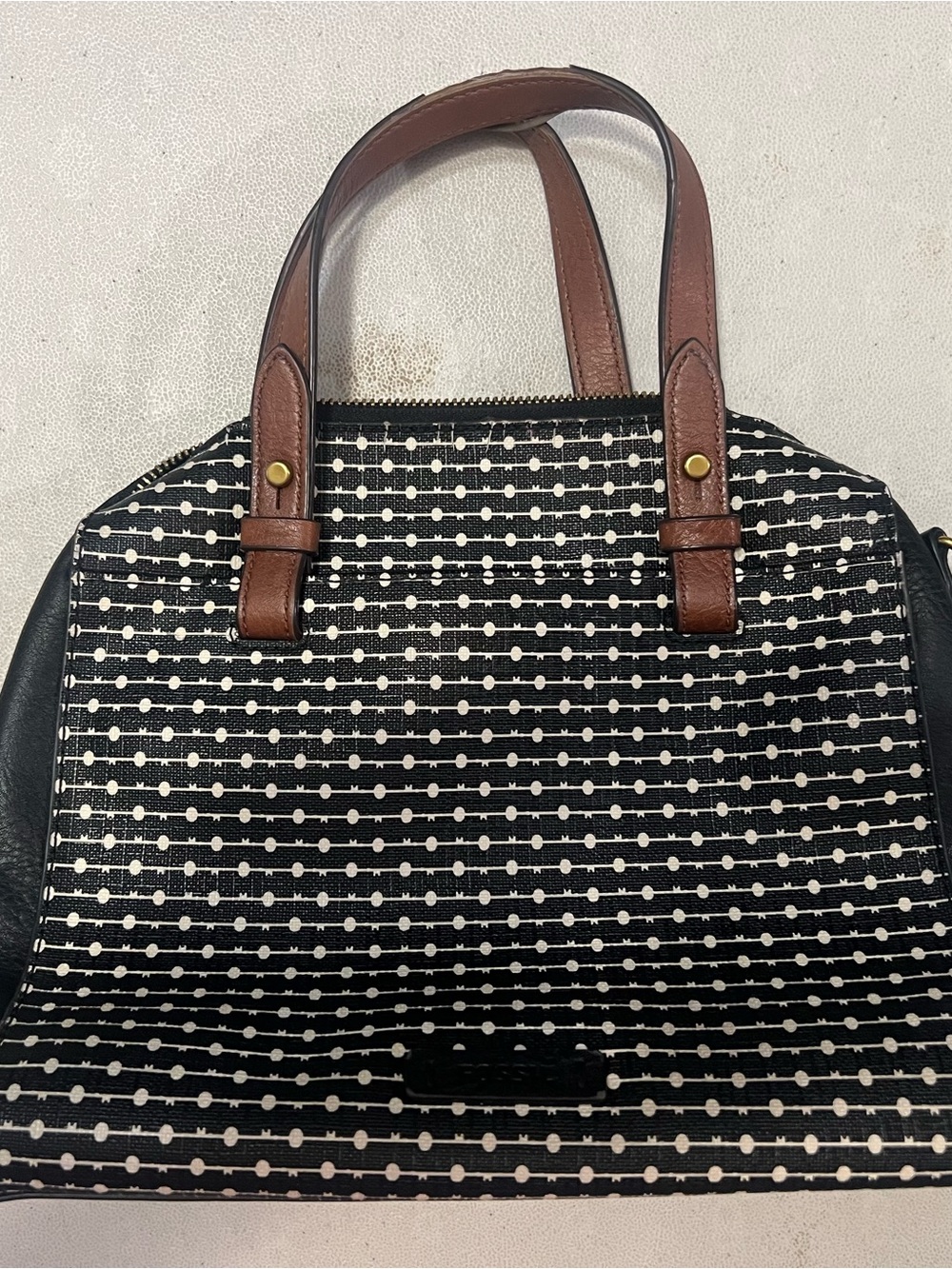 Fossil Polka Dot Satchel Top Handle Bag Zip Closure Double Handles Gold Hardware